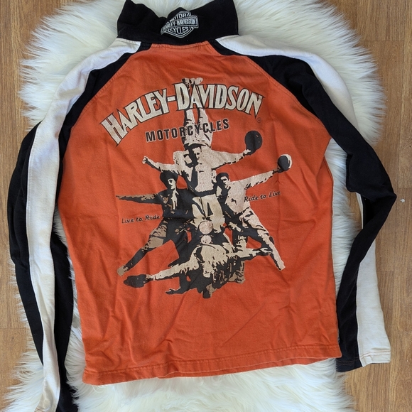 Harley-Davidson Tops - Harley Davidson Pull Over Partial Zip Jacket Orange With Vintage Riders Print